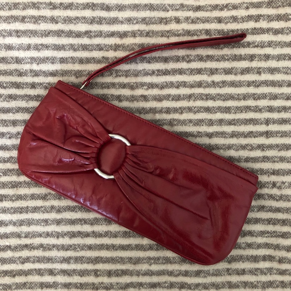 Red Leather Gnipoos Wristlet Clutch